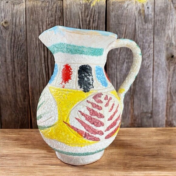 Vintage 1950s Italian Pottery Jug Pitcher Carafe Textured Glaze Made In Italy - Picture 1 of 10